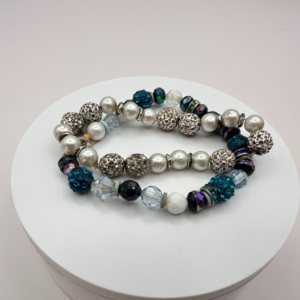 Vintage Y2K Silver Tone Faux Pearl Beaded Stretch Bracelet Set Boho Rhinestone